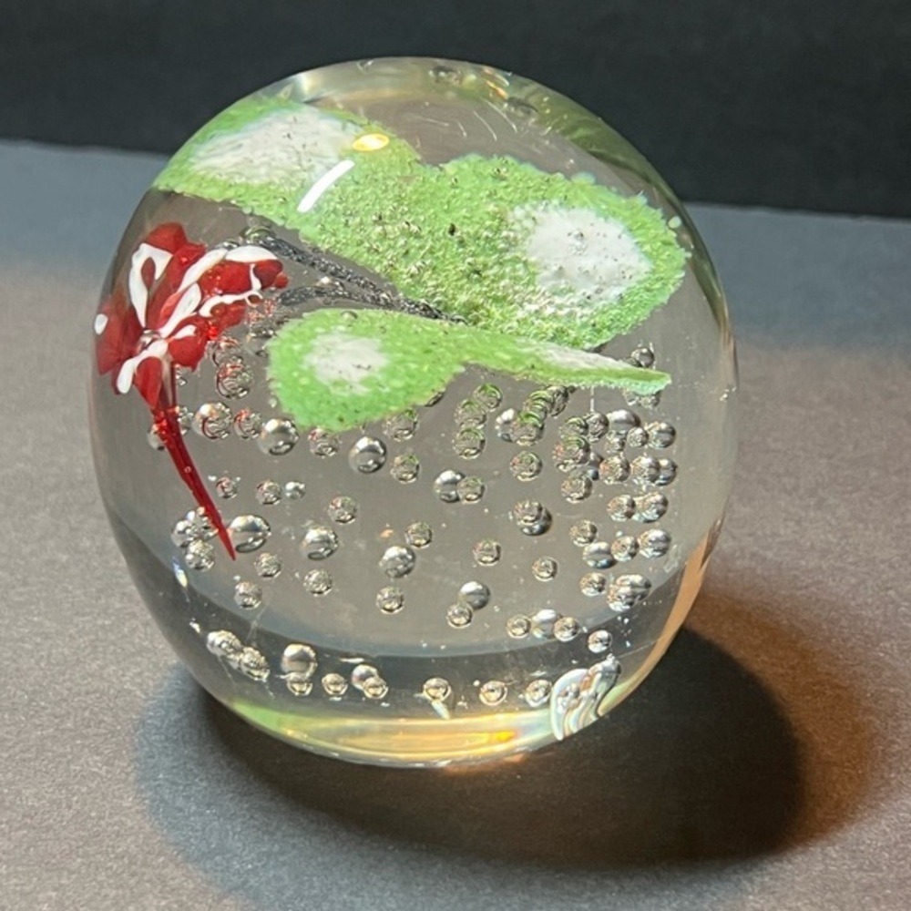 Vintage Heavy Controlled Bubble Glass Air Trap Butterfly‎ and Flower Paperweight